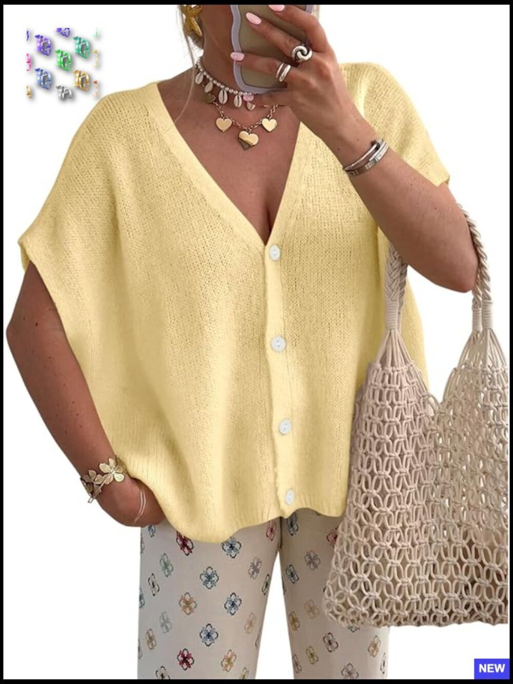 Oversized Summer Cardigan Batwing Short Sleeve V Neck Lightweight Knit Top